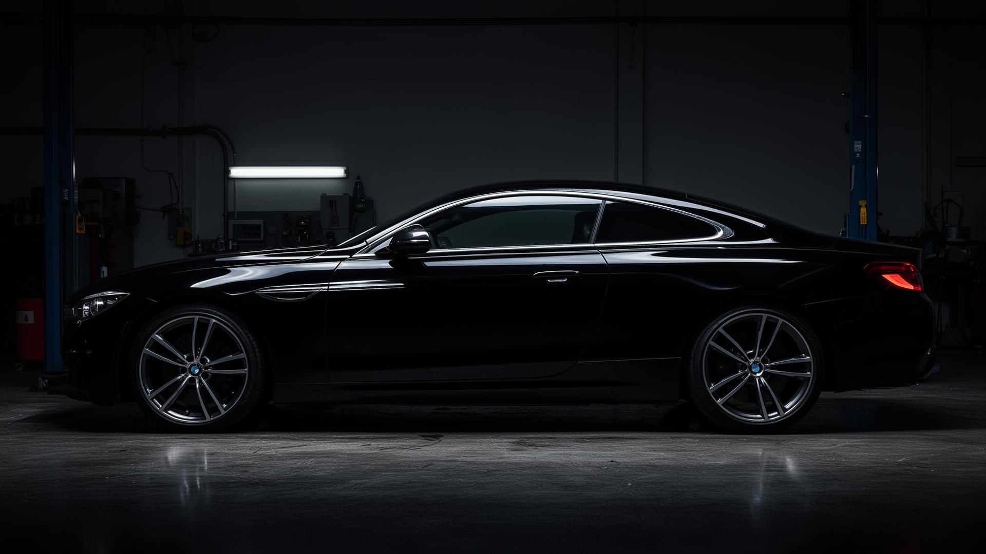 Black luxury car in detailing studio